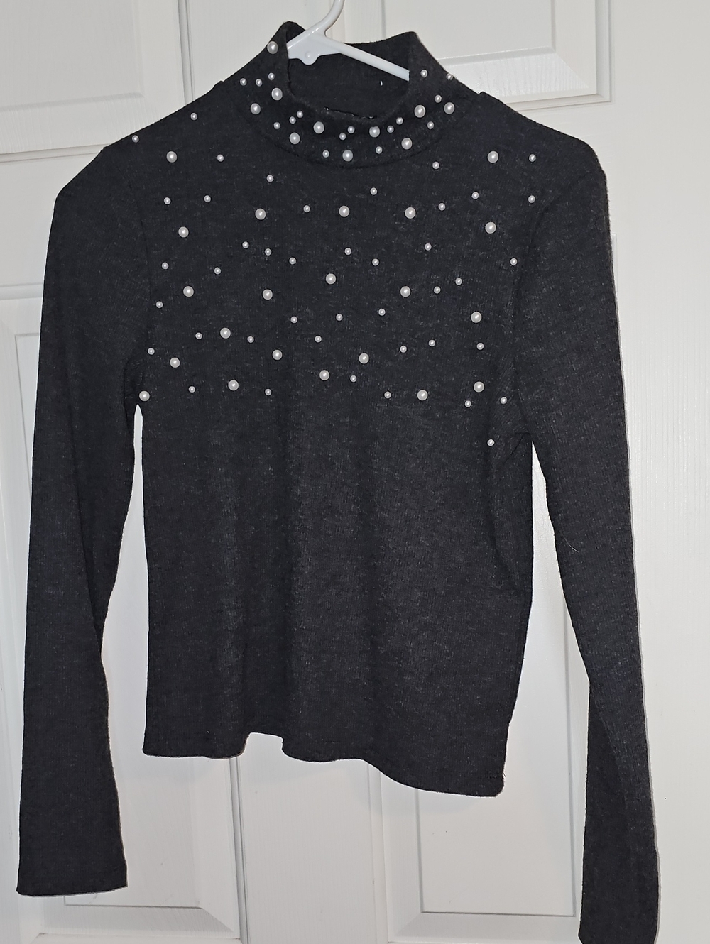 Zara Charcoal Black Pearl-Studded Mocknweck Sweater